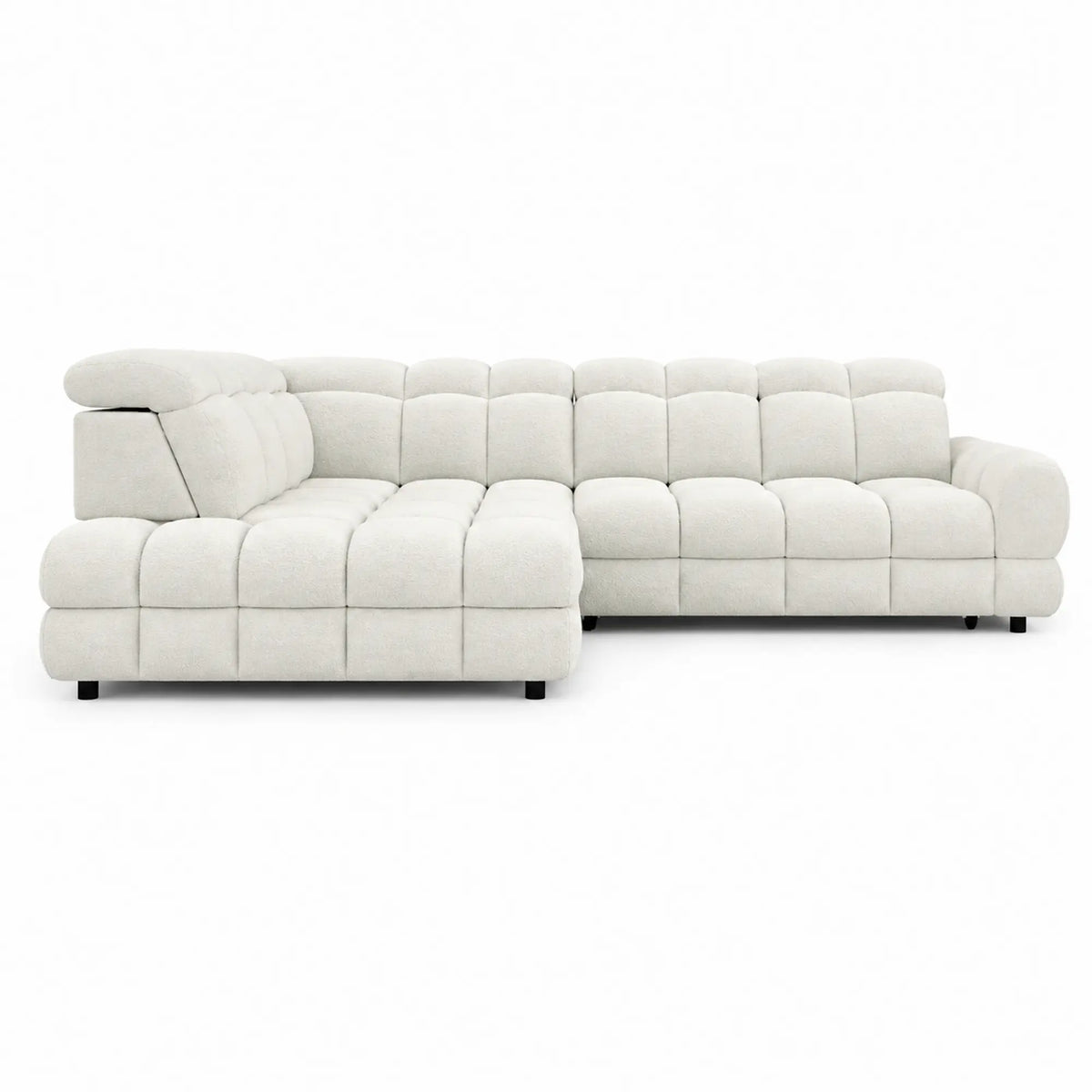 Coltar extensibil TOLLO L, sezlong stanga, stofa buclata alb - Bubble 01, cu lada depozitare si reglaj electric, 302x220x106 cm