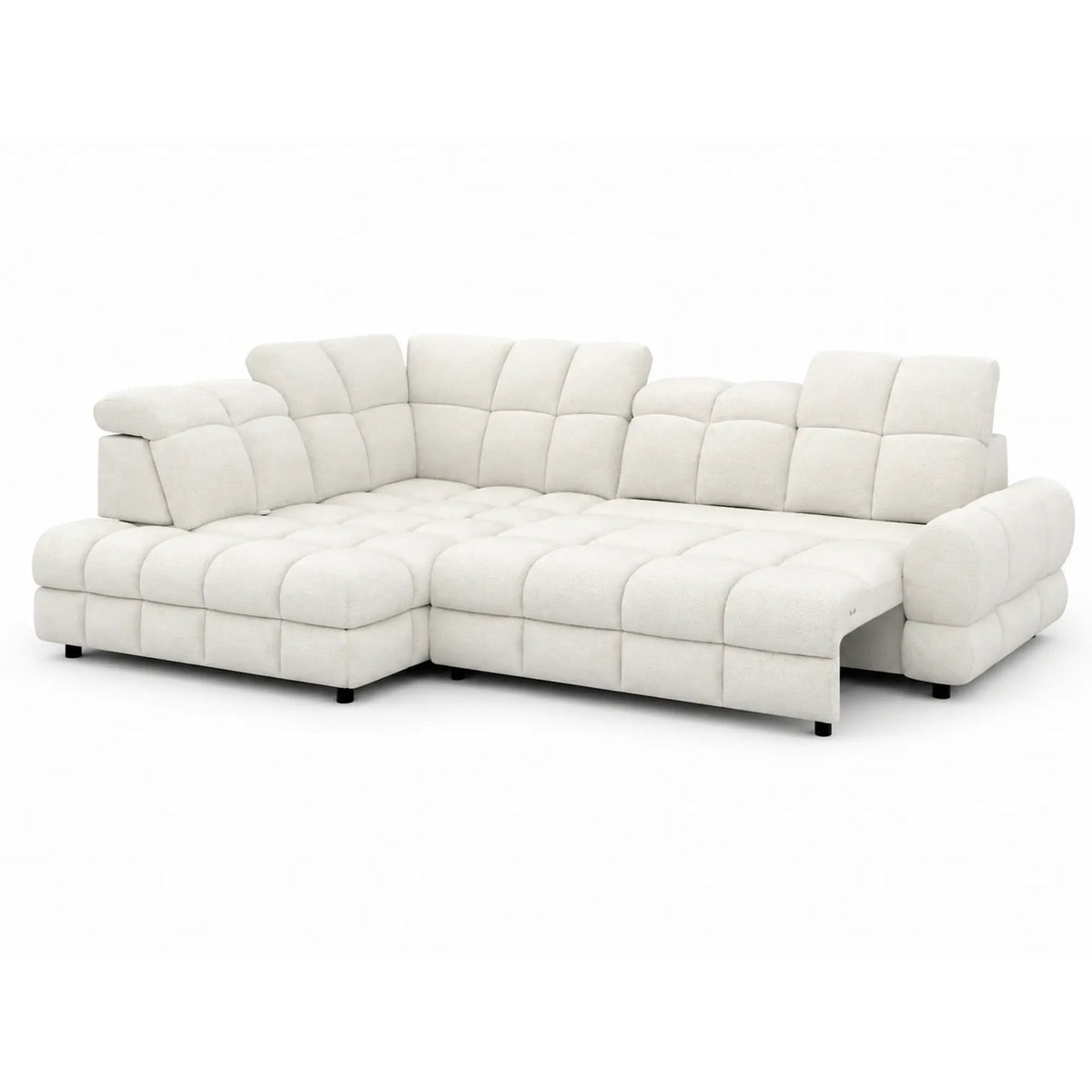 Coltar extensibil TOLLO L, sezlong stanga, stofa buclata alb - Bubble 01, cu lada depozitare si reglaj electric, 302x220x106 cm