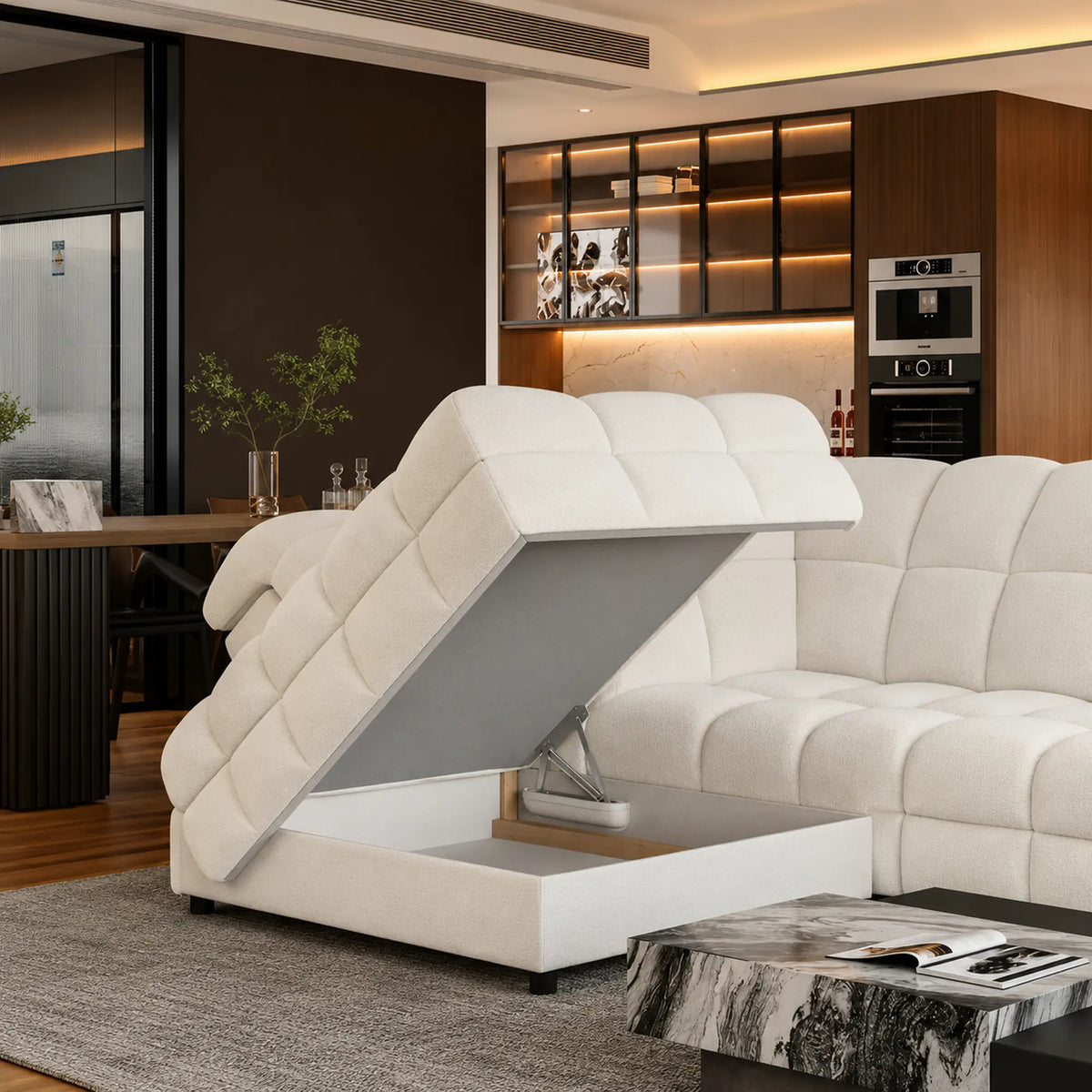 Coltar extensibil TOLLO L, sezlong stanga, stofa buclata alb - Bubble 01, cu lada depozitare si reglaj electric, 302x220x106 cm