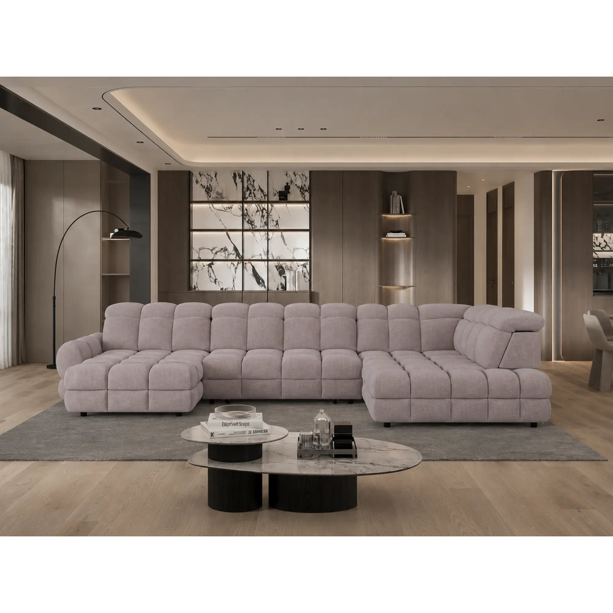 Coltar extensibil U TOLLO XL, sezlong dreapta, stofa catifelata bej - Whisper 3, cu lada depozitare si reglaj electric, 400x220x106 cm