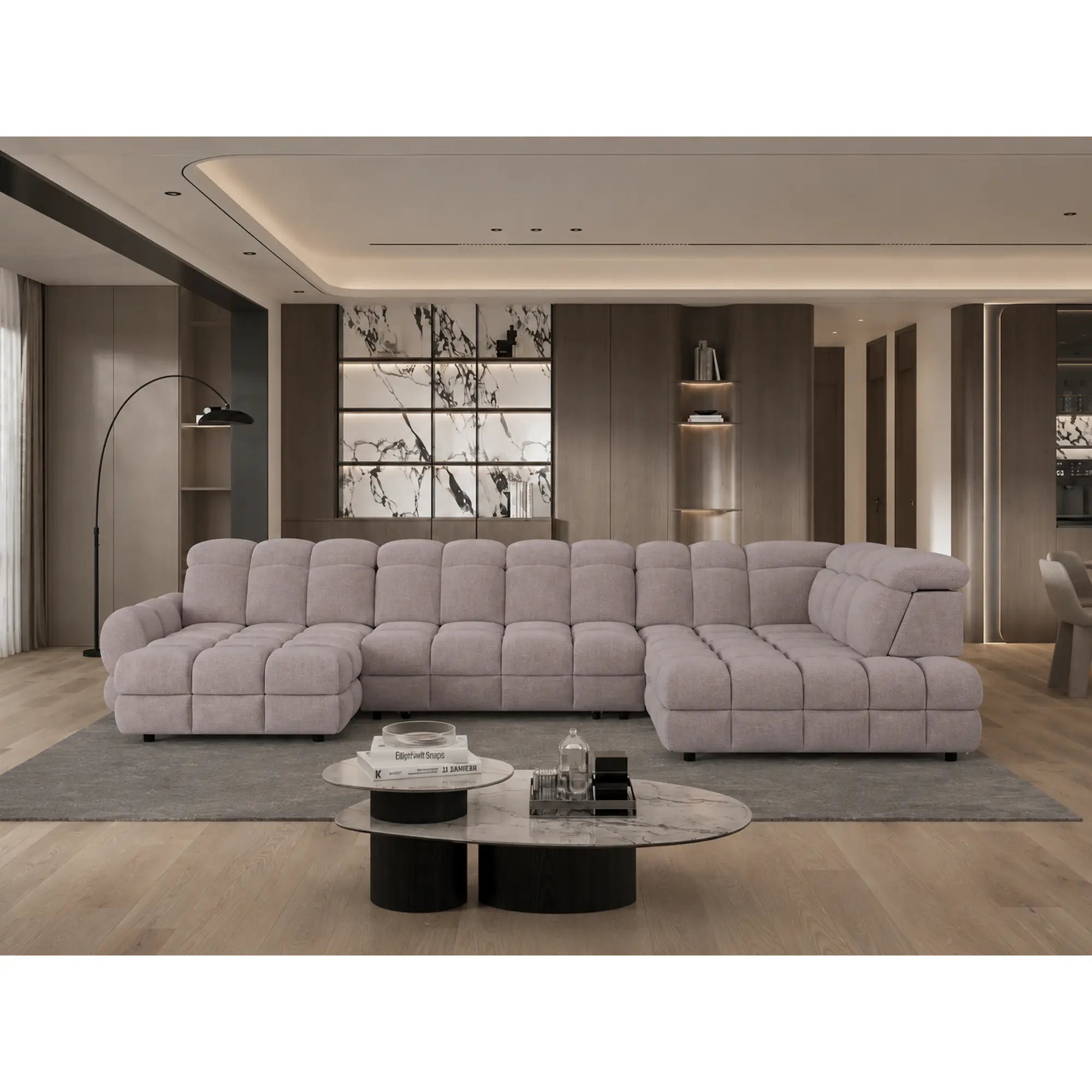 Coltar extensibil U TOLLO XL, sezlong dreapta, stofa catifelata bej - Whisper 3, cu lada depozitare si reglaj electric, 400x220x106 cm