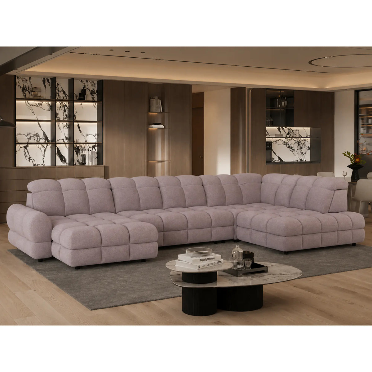 Coltar extensibil U TOLLO XL, sezlong dreapta, stofa catifelata bej - Whisper 3, cu lada depozitare si reglaj electric, 400x220x106 cm