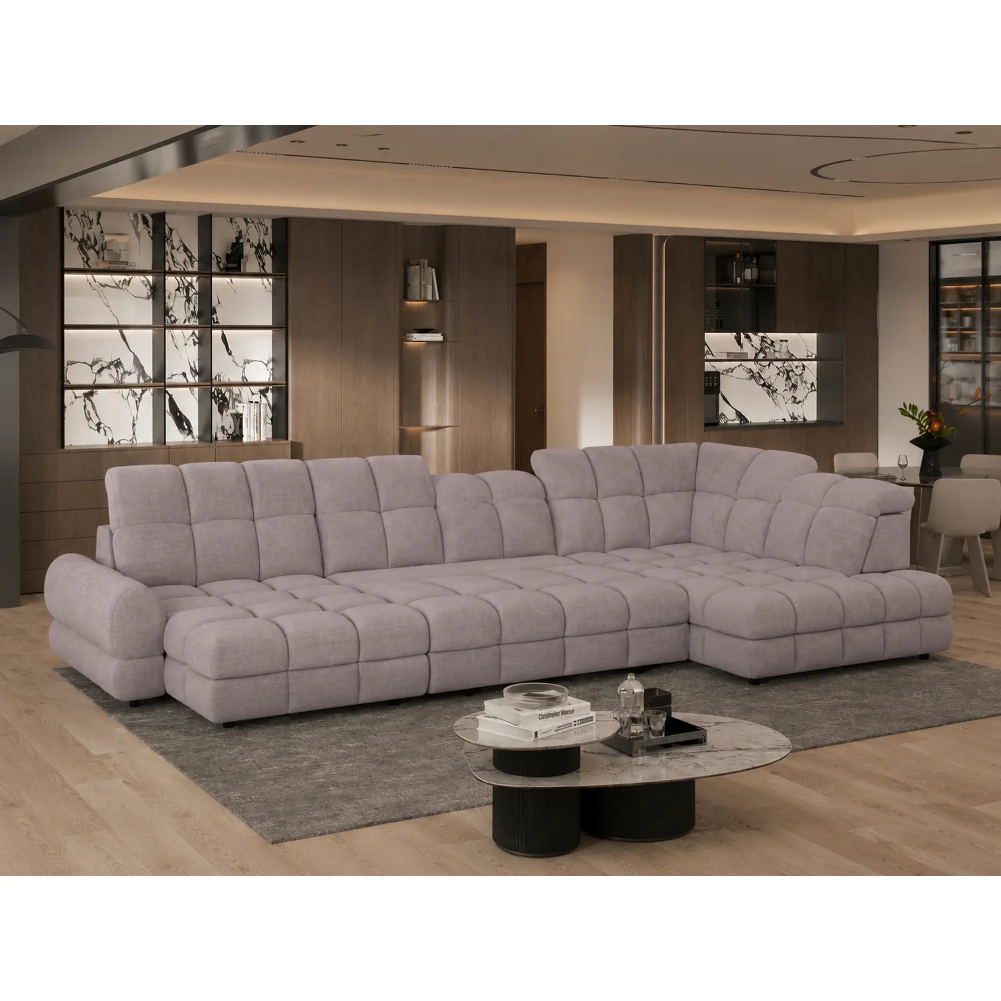 Coltar extensibil U TOLLO XL, sezlong dreapta, stofa catifelata bej - Whisper 3, cu lada depozitare si reglaj electric, 400x220x106 cm