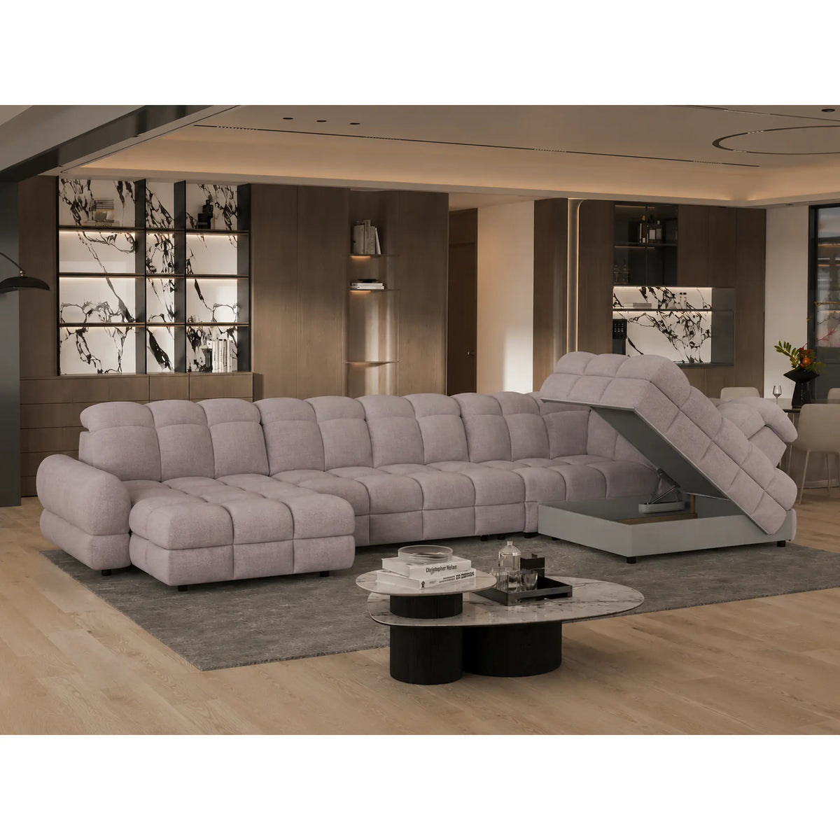 Coltar extensibil U TOLLO XL, sezlong dreapta, stofa catifelata bej - Whisper 3, cu lada depozitare si reglaj electric, 400x220x106 cm