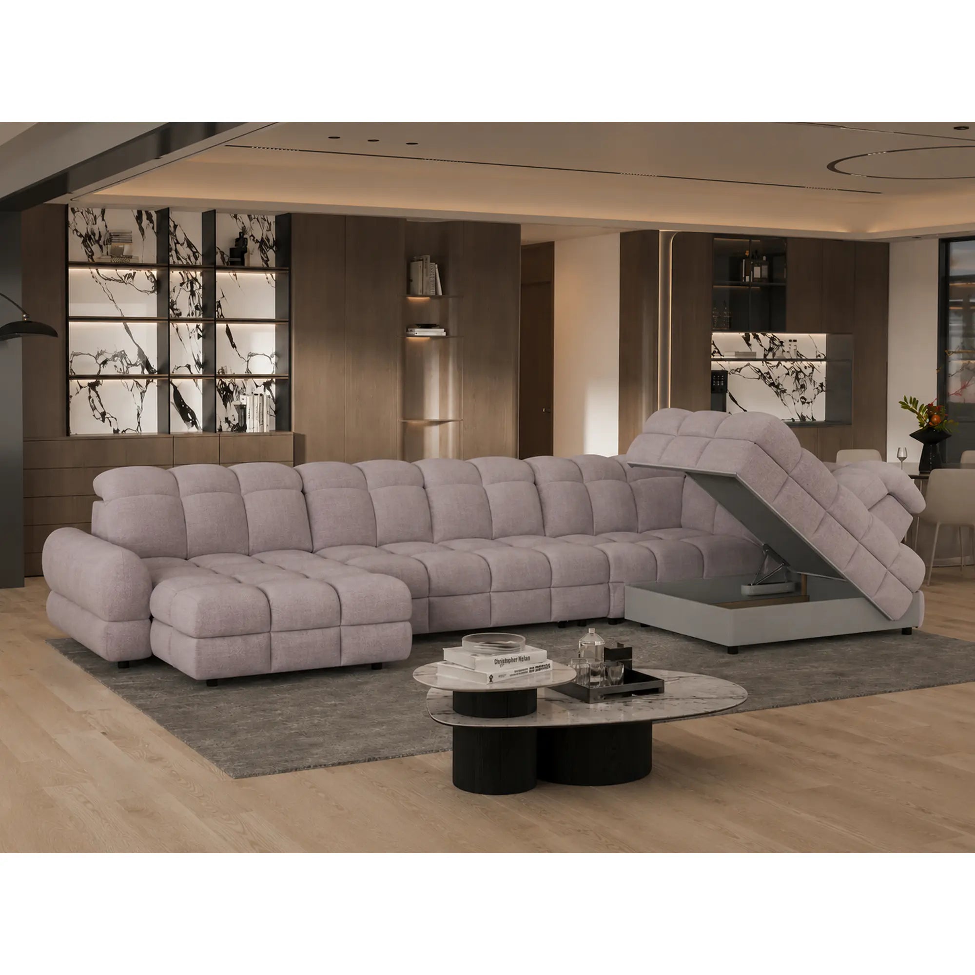 Coltar extensibil U TOLLO XL, sezlong dreapta, stofa catifelata bej - Whisper 3, cu lada depozitare si reglaj electric, 400x220x106 cm