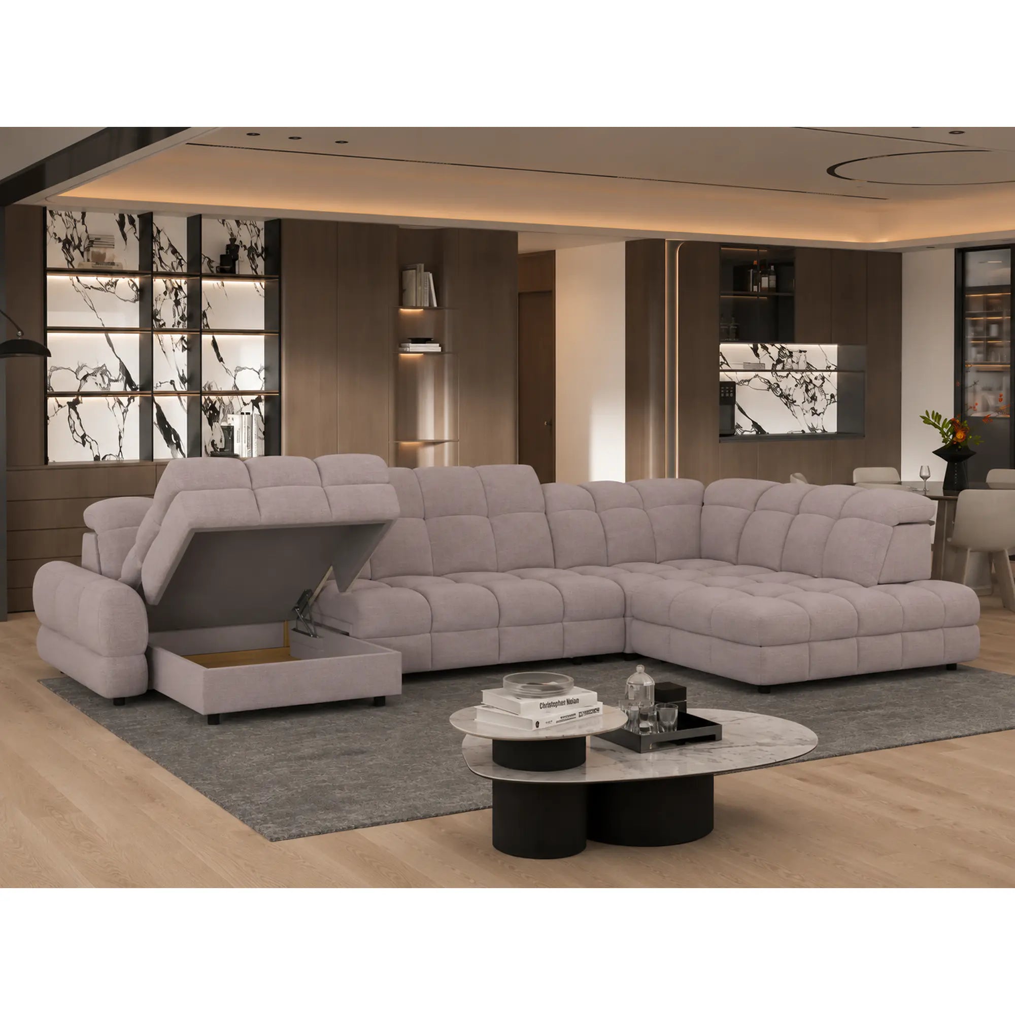 Coltar extensibil U TOLLO XL, sezlong dreapta, stofa catifelata bej - Whisper 3, cu lada depozitare si reglaj electric, 400x220x106 cm