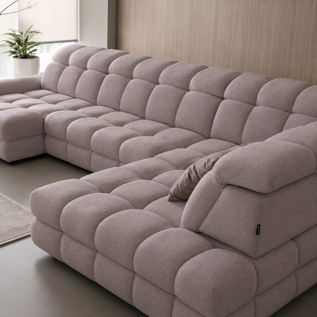 Coltar extensibil U TOLLO XL, sezlong dreapta, stofa catifelata bej - Whisper 3, cu lada depozitare si reglaj electric, 400x220x106 cm