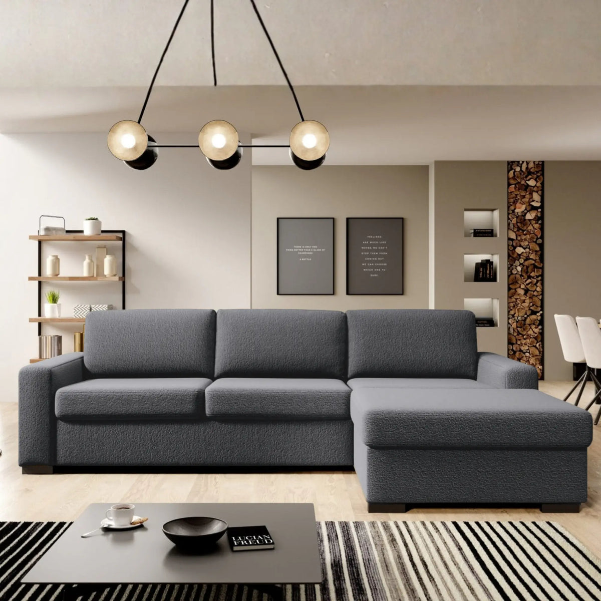 Coltar extensibil VANILLA CORNER 140, sezlong dreapta, stofa catifelata gri antracit - Salvador 15, cu lada depozitare, 283x173x87 cm