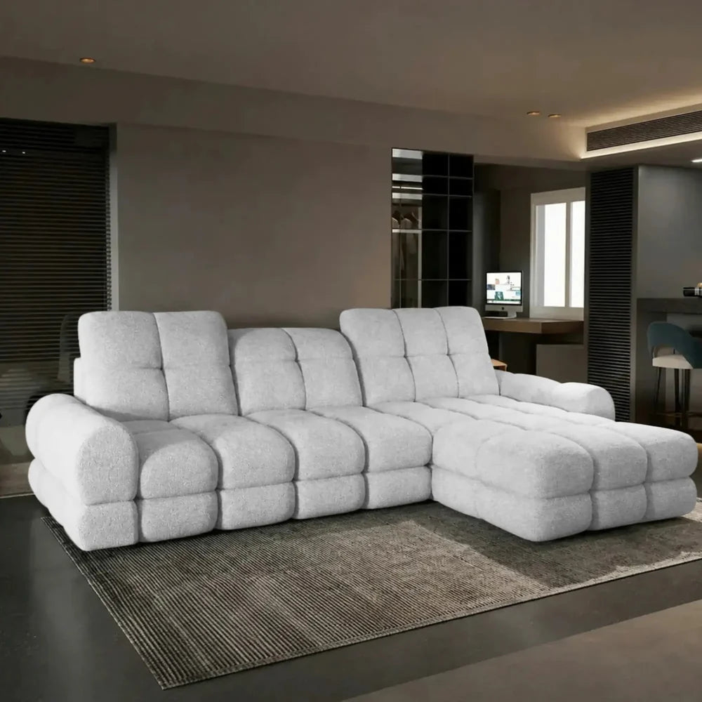 Coltar extensibil confortabil TOLLO MINI, sezlong dreapta, stofa catifelata gri - Element 24, cu lada depozitare si reglaj electric, 283x171x105 cm