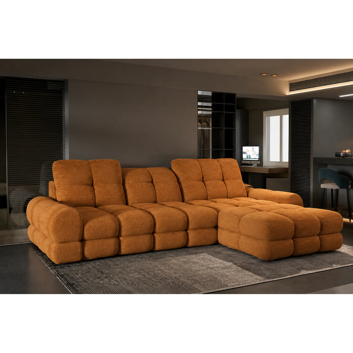 Coltar extensibil confortabil TOLLO MINI, sezlong dreapta, stofa catifelata scortisoara - Salvador 08, cu lada depozitare si reglaj electric, 283x171x105 cm