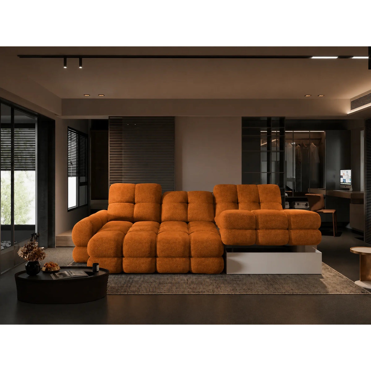 Coltar extensibil confortabil TOLLO MINI, sezlong dreapta, stofa catifelata scortisoara - Salvador 08, cu lada depozitare si reglaj electric, 283x171x105 cm