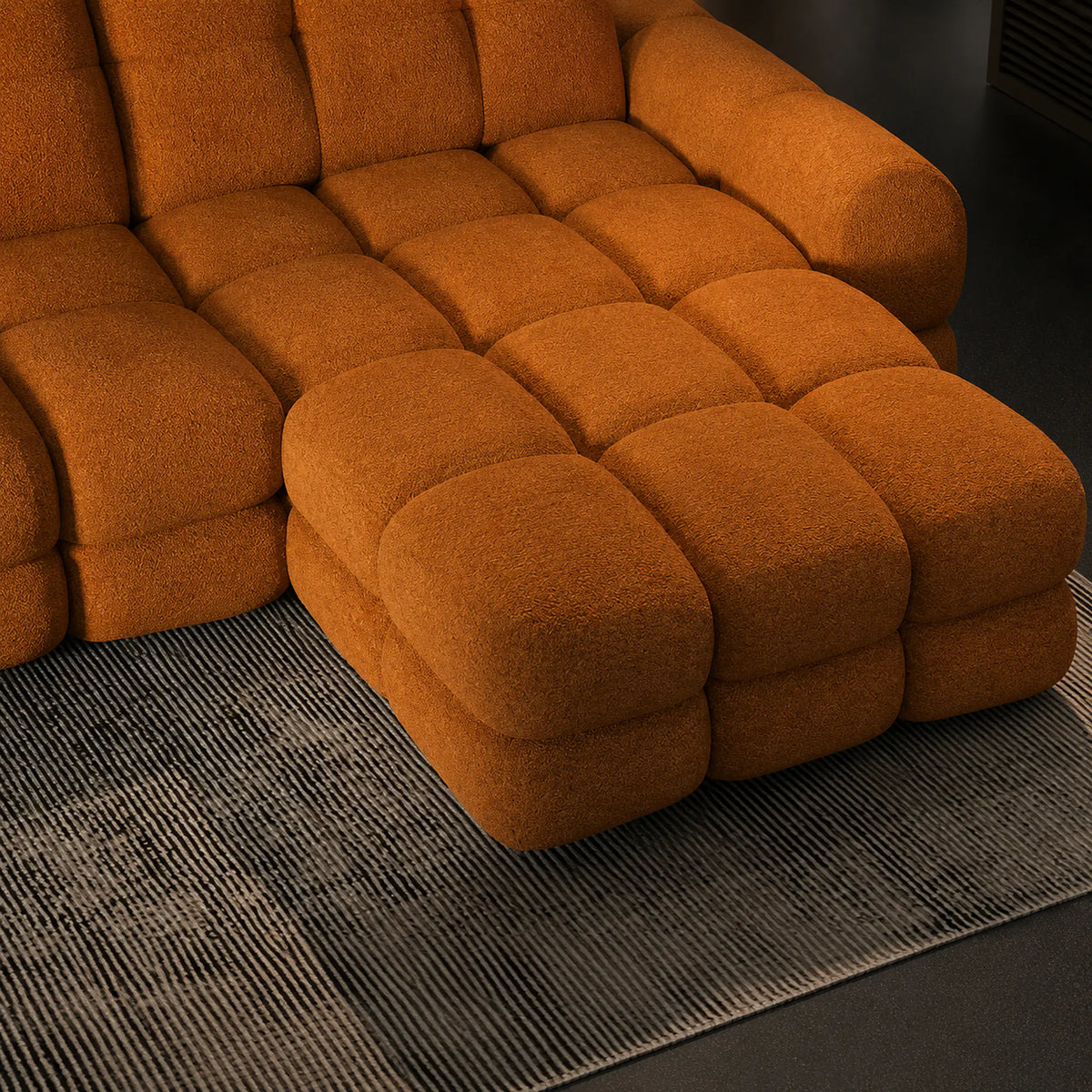 Coltar extensibil confortabil TOLLO MINI, sezlong dreapta, stofa catifelata scortisoara - Salvador 08, cu lada depozitare si reglaj electric, 283x171x105 cm