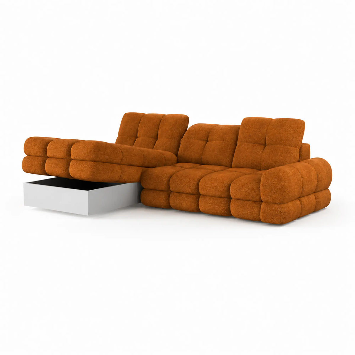 Coltar extensibil confortabil TOLLO MINI, sezlong dreapta, stofa catifelata scortisoara - Salvador 08, cu lada depozitare si reglaj electric, 283x171x105 cm