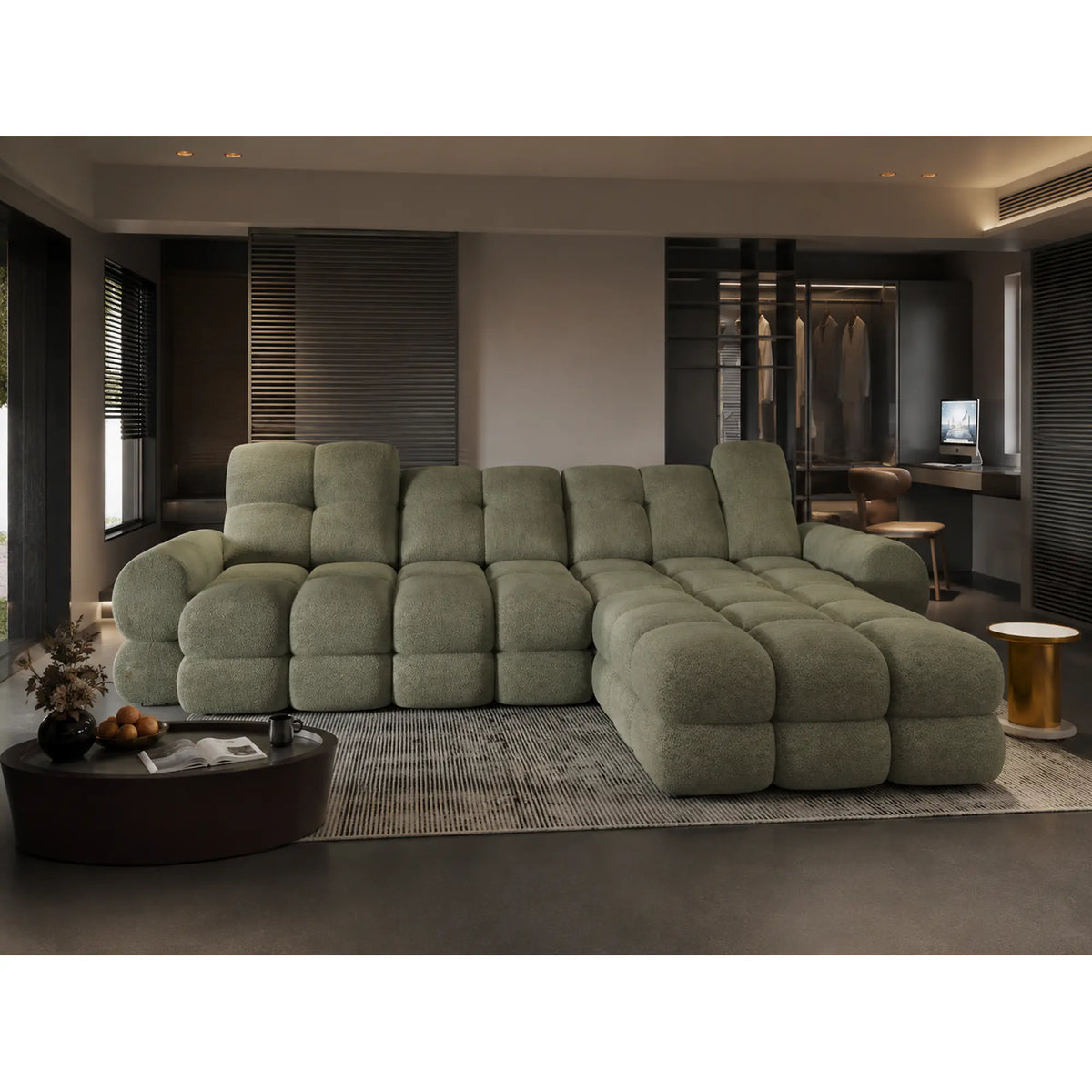 Coltar extensibil confortabil TOLLO MINI, sezlong dreapta, stofa catifelata verde - Shanghai 07, cu lada depozitare si reglaj electric, 283x171x105 cm