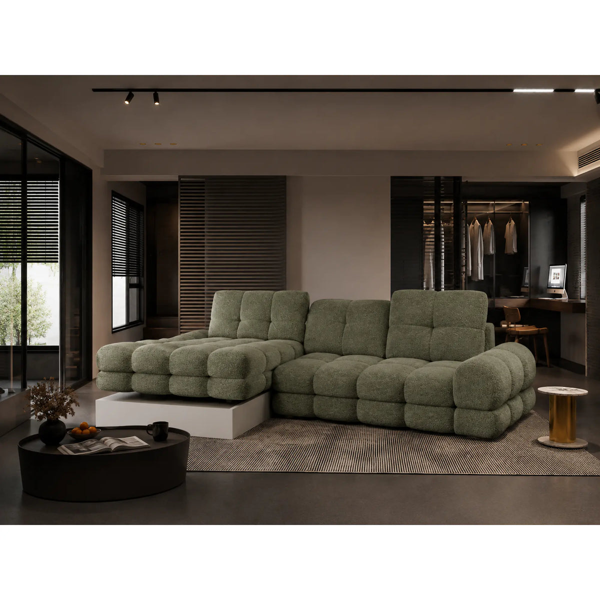 Coltar extensibil confortabil TOLLO MINI, sezlong dreapta, stofa catifelata verde - Shanghai 07, cu lada depozitare si reglaj electric, 283x171x105 cm