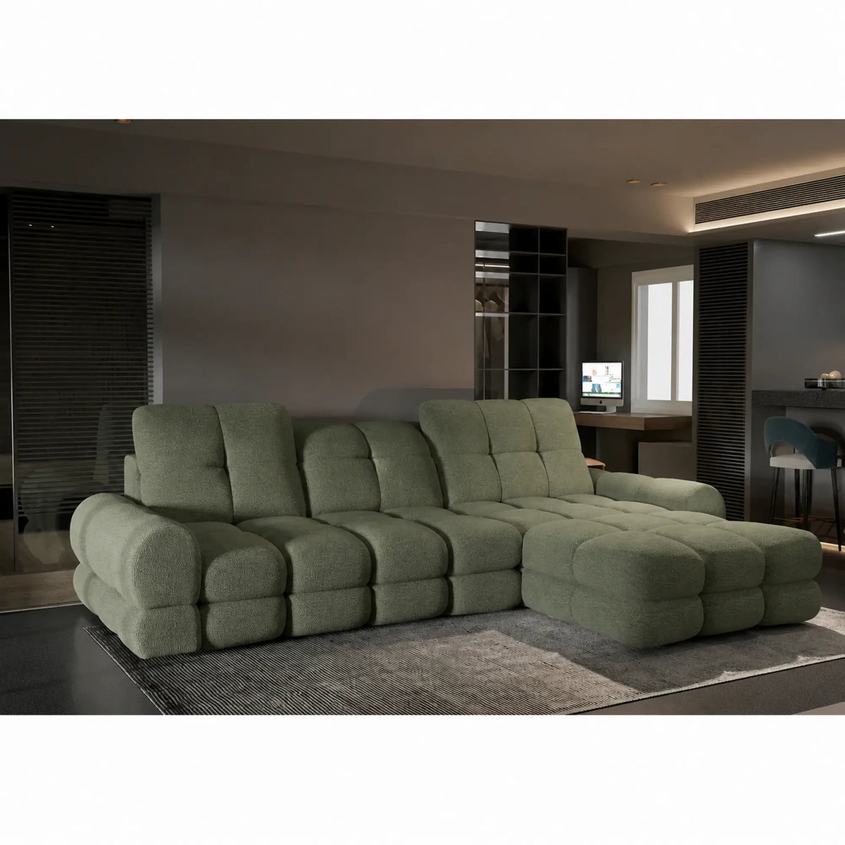 Coltar extensibil confortabil TOLLO MINI, sezlong dreapta, stofa catifelata verde - Shanghai 07, cu lada depozitare si reglaj electric, 283x171x105 cm