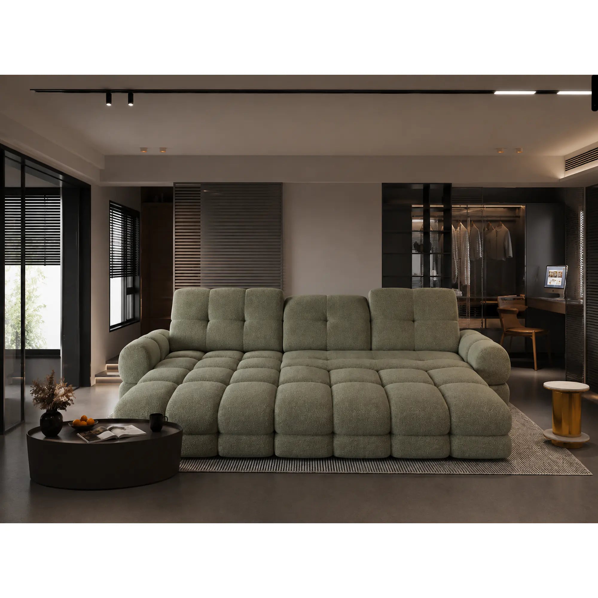 Coltar extensibil confortabil TOLLO MINI, sezlong dreapta, stofa catifelata verde - Shanghai 07, cu lada depozitare si reglaj electric, 283x171x105 cm