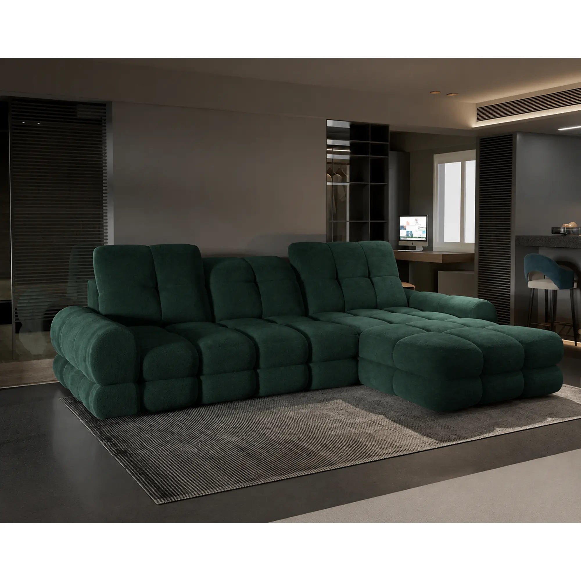 Coltar extensibil confortabil TOLLO MINI, sezlong dreapta, stofa catifelata verde inchis - Element 12, cu lada depozitare si reglaj electric, 283x171x105 cm