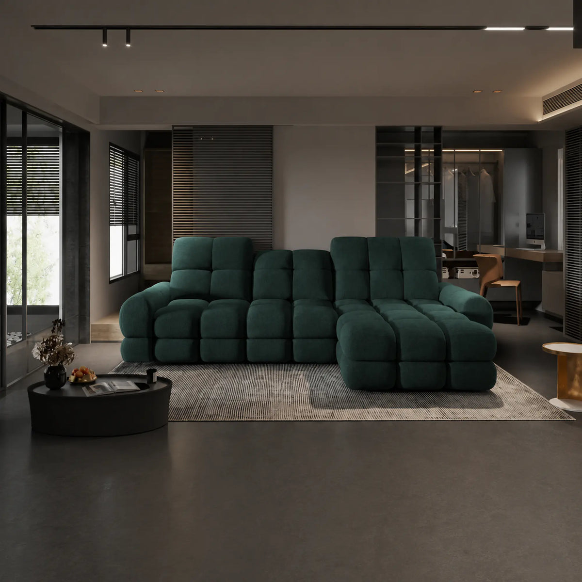 Coltar extensibil confortabil TOLLO MINI, sezlong dreapta, stofa catifelata verde inchis - Element 12, cu lada depozitare si reglaj electric, 283x171x105 cm
