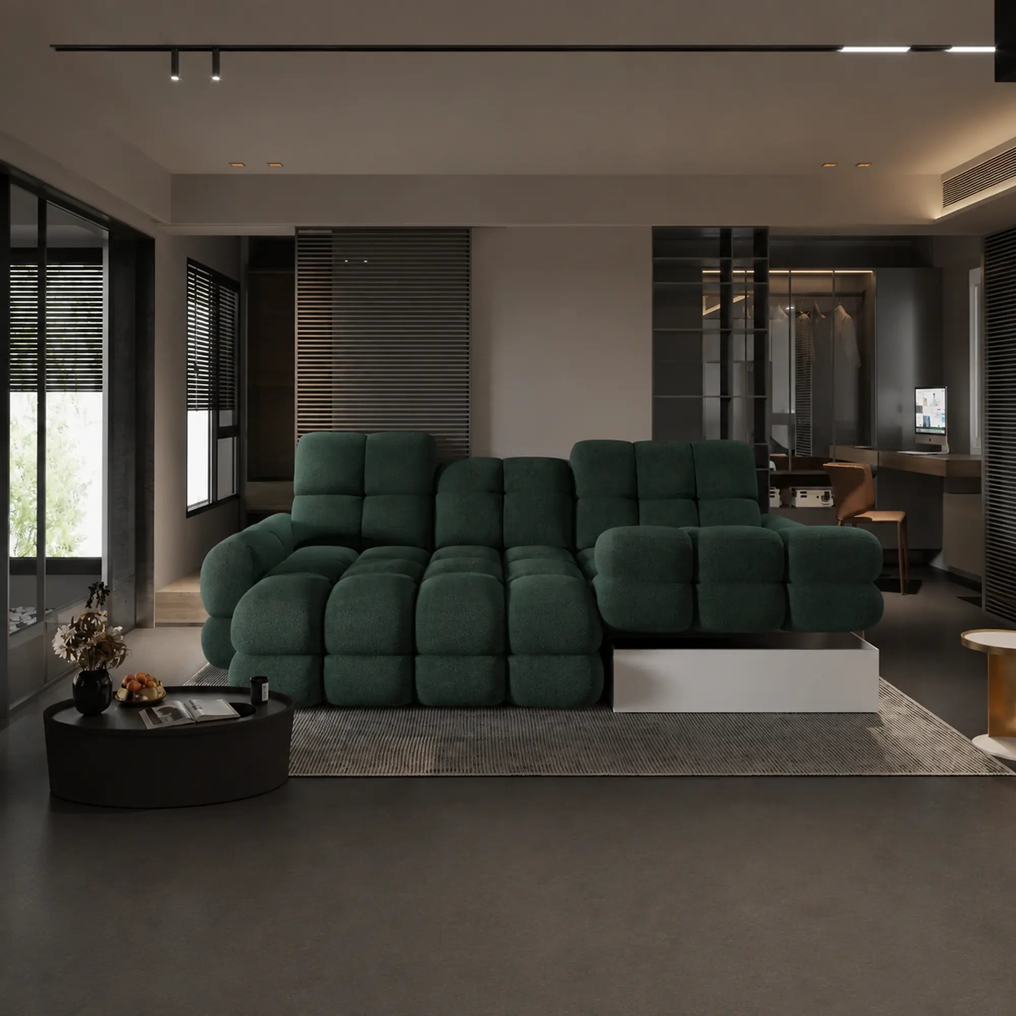 Coltar extensibil confortabil TOLLO MINI, sezlong dreapta, stofa catifelata verde inchis - Element 12, cu lada depozitare si reglaj electric, 283x171x105 cm