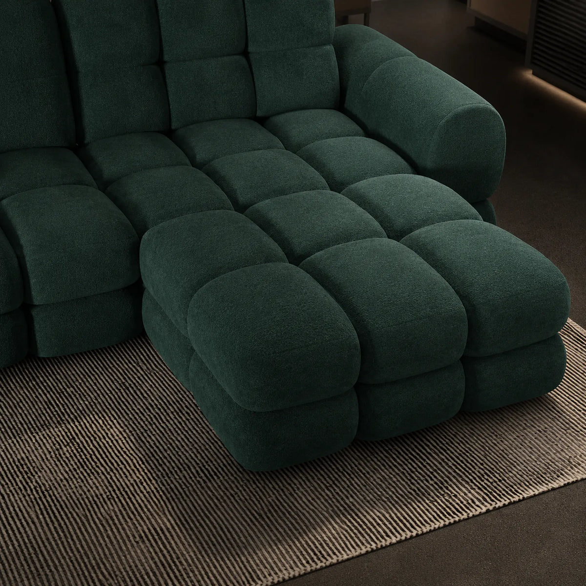 Coltar extensibil confortabil TOLLO MINI, sezlong dreapta, stofa catifelata verde inchis - Element 12, cu lada depozitare si reglaj electric, 283x171x105 cm