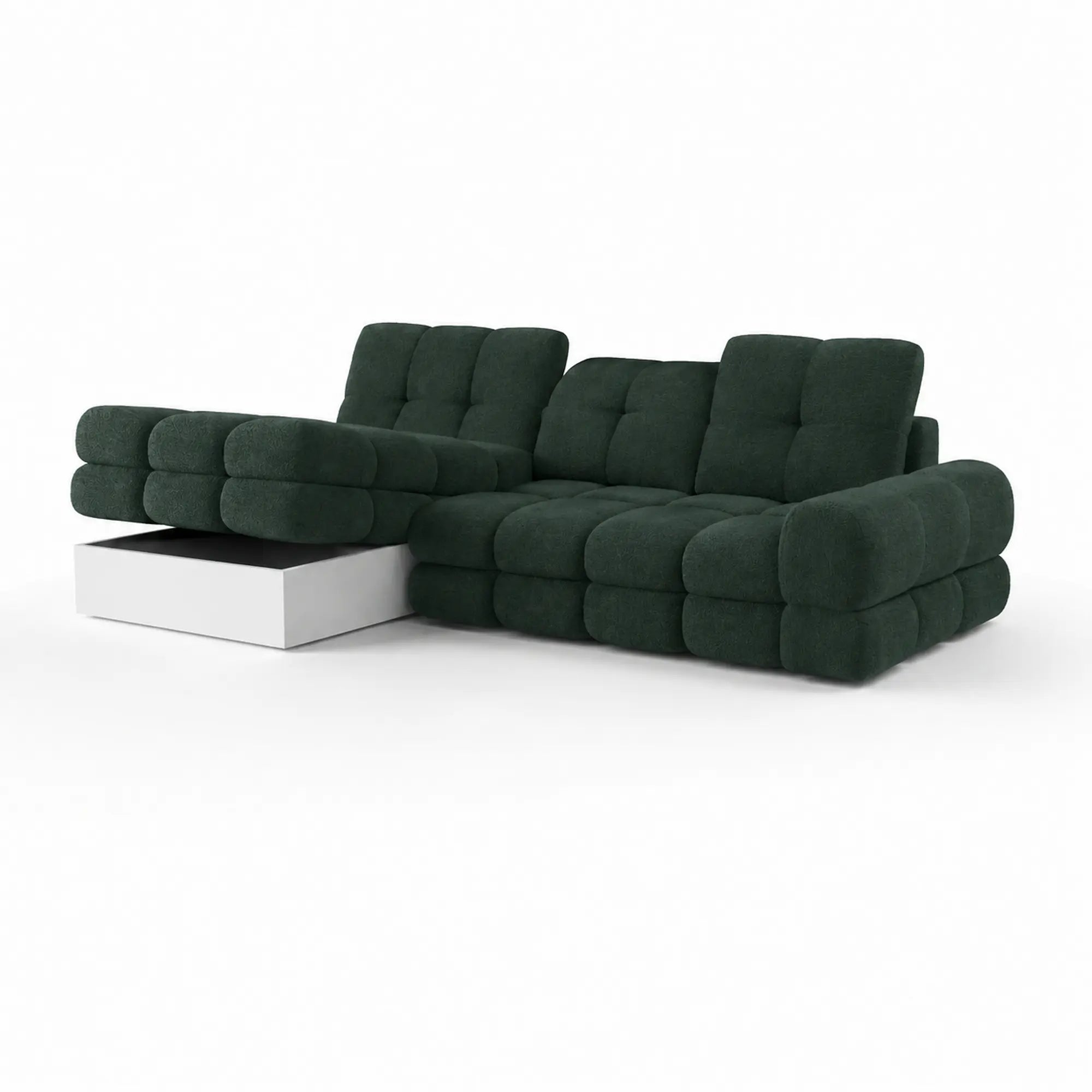 Coltar extensibil confortabil TOLLO MINI, sezlong dreapta, stofa catifelata verde inchis - Element 12, cu lada depozitare si reglaj electric, 283x171x105 cm