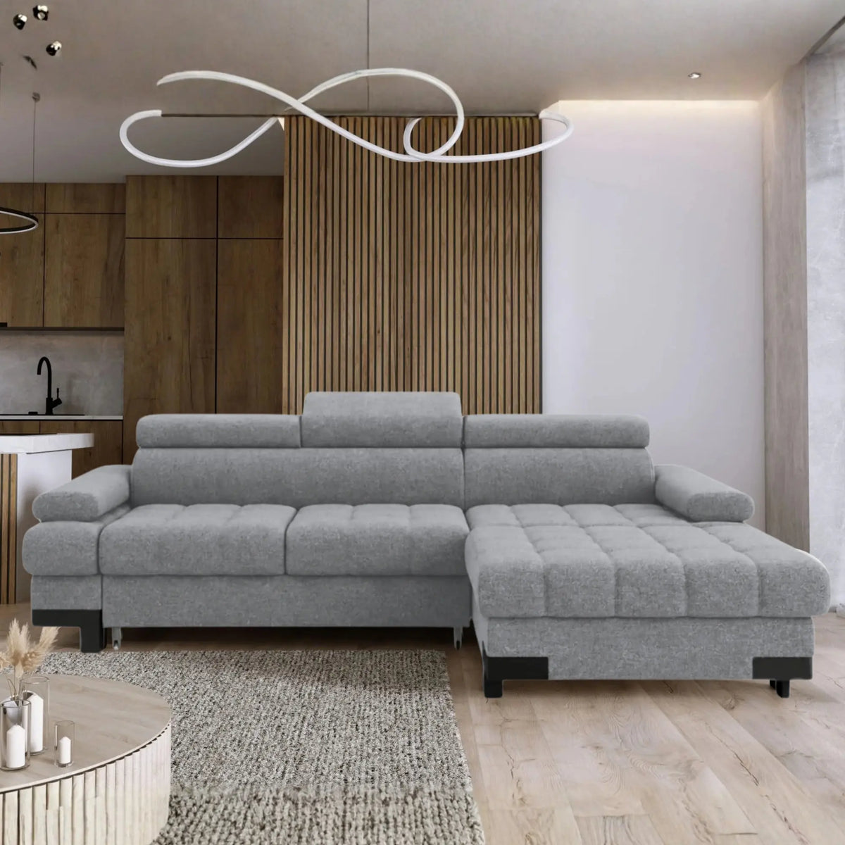 Coltar extensibil cu lada SELVA MINI, sezlong dreapta, stofa catifelata gri - Palladium 15, tetiere reglabile, 270x173x95 cm