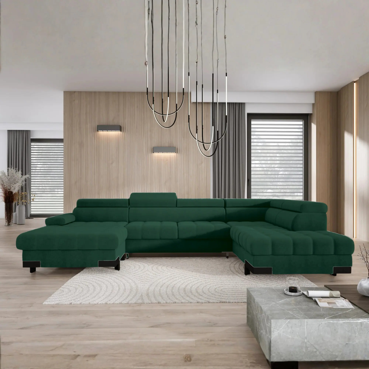 Coltar extensibil cu lada SELVA XL, sezlong dreapta, stofa catifelata verde - Riviera 38, cu tetiere reglabile, 339x223x95 cm