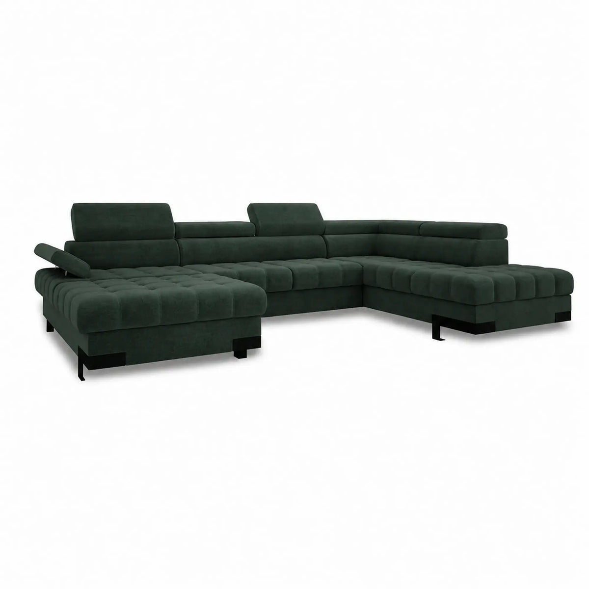 Coltar extensibil cu lada SELVA XL, sezlong dreapta, stofa catifelata verde inchis - Element 12, cu tetiere reglabile, 339x223x95 cm