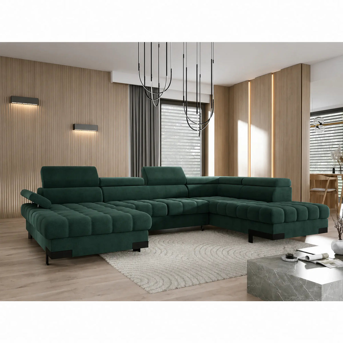 Coltar extensibil cu lada SELVA XL, sezlong dreapta, stofa catifelata verde inchis - Element 12, cu tetiere reglabile, 339x223x95 cm