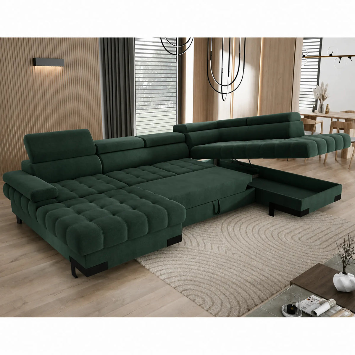 Coltar extensibil cu lada SELVA XL, sezlong dreapta, stofa catifelata verde inchis - Element 12, cu tetiere reglabile, 339x223x95 cm