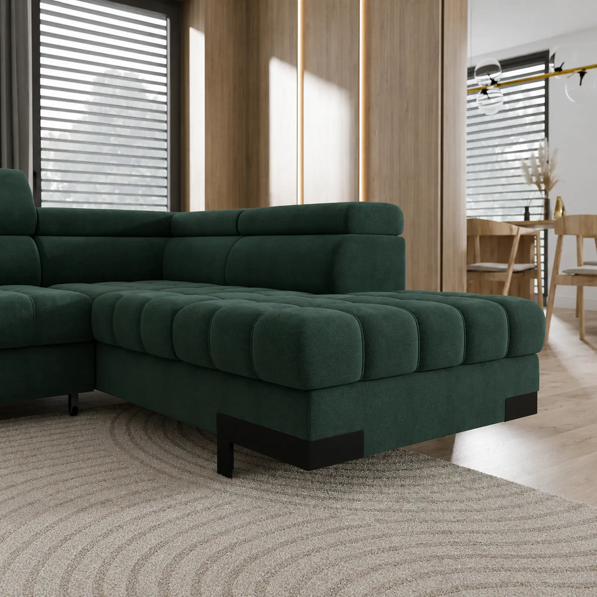 Coltar extensibil cu lada SELVA XL, sezlong dreapta, stofa catifelata verde inchis - Element 12, cu tetiere reglabile, 339x223x95 cm