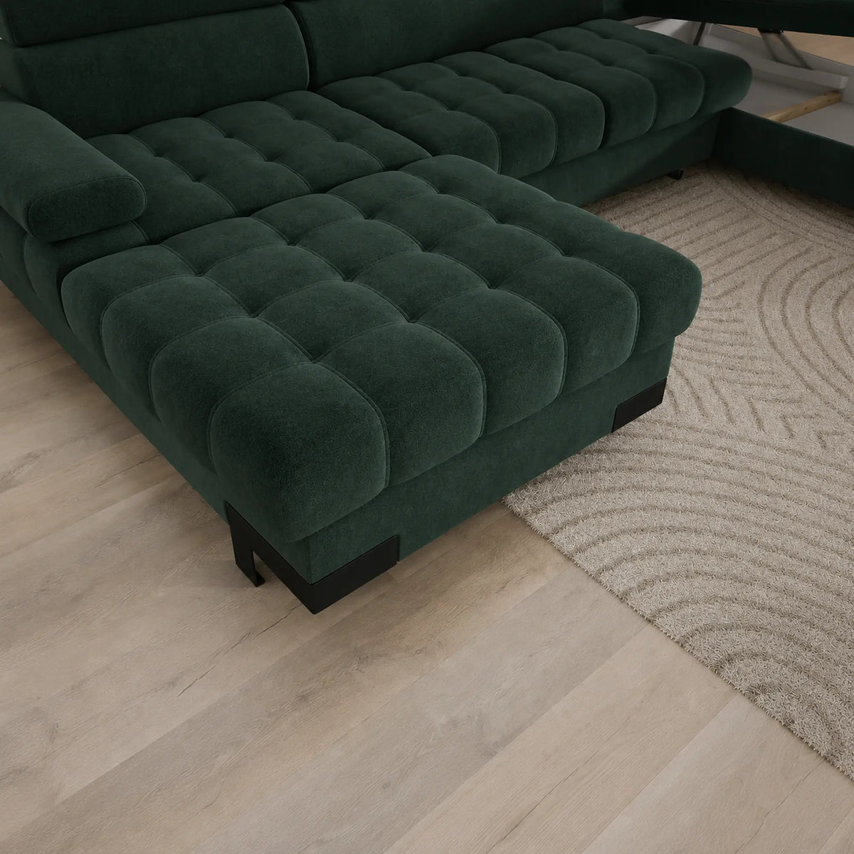 Coltar extensibil cu lada SELVA XL, sezlong dreapta, stofa catifelata verde inchis - Element 12, cu tetiere reglabile, 339x223x95 cm