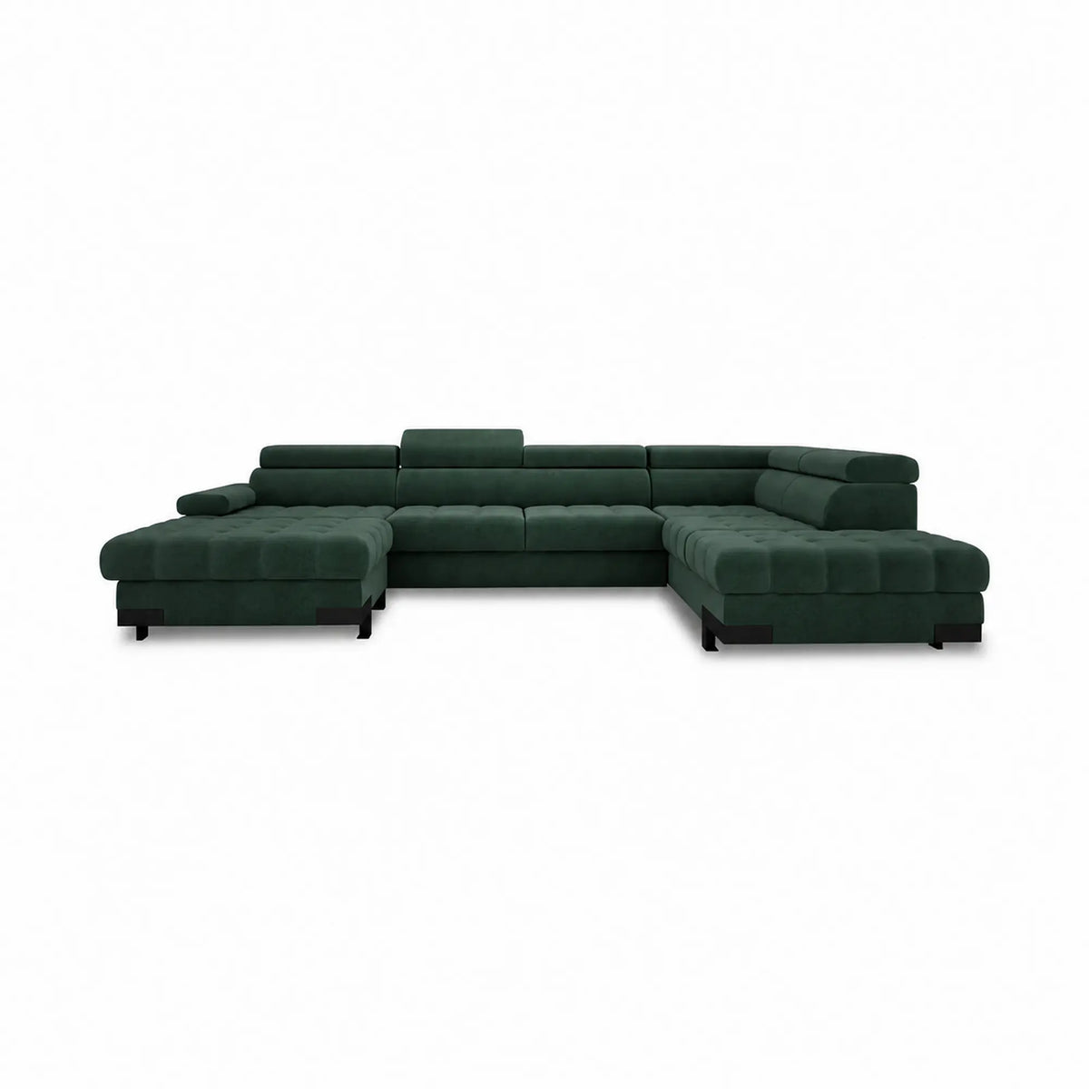 Coltar extensibil cu lada SELVA XL, sezlong dreapta, stofa catifelata verde inchis - Element 12, cu tetiere reglabile, 339x223x95 cm