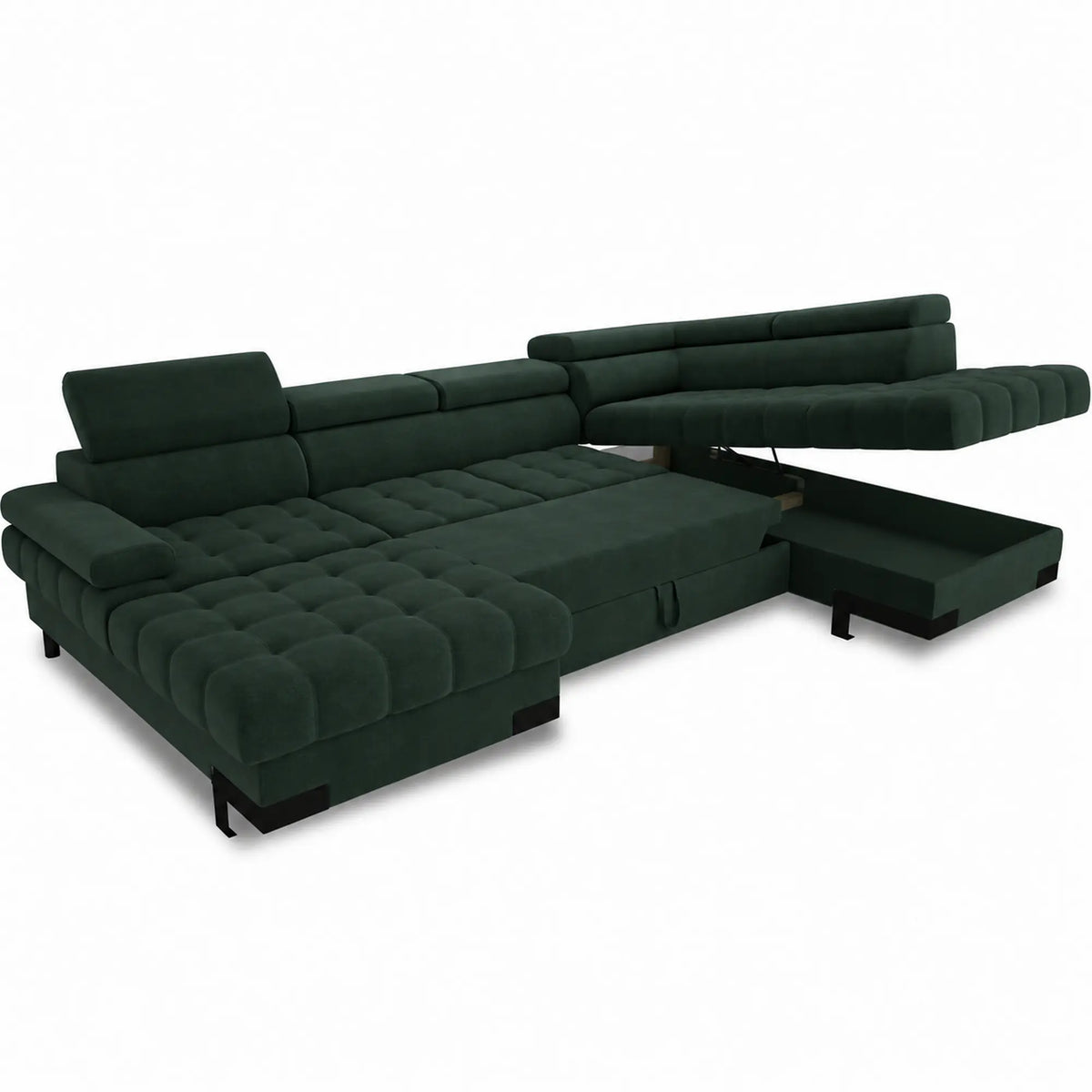 Coltar extensibil cu lada SELVA XL, sezlong dreapta, stofa catifelata verde inchis - Element 12, cu tetiere reglabile, 339x223x95 cm