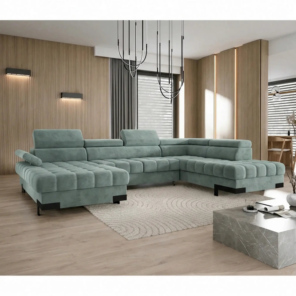 Coltar extensibil cu lada SELVA XL, sezlong dreapta, stofa catifelata verde menta - Salvador 12, cu tetiere reglabile, 339x223x95 cm