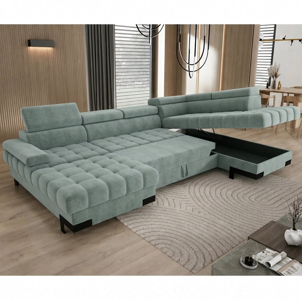 Coltar extensibil cu lada SELVA XL, sezlong dreapta, stofa catifelata verde menta - Salvador 12, cu tetiere reglabile, 339x223x95 cm