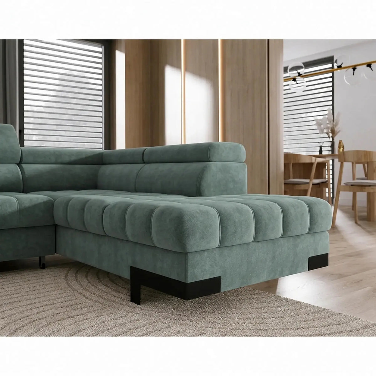 Coltar extensibil cu lada SELVA XL, sezlong dreapta, stofa catifelata verde menta - Salvador 12, cu tetiere reglabile, 339x223x95 cm