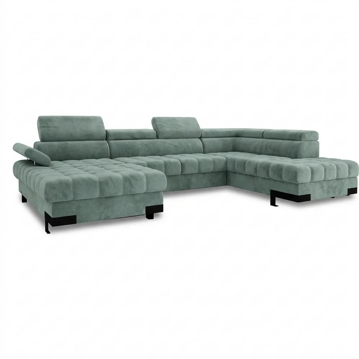 Coltar extensibil cu lada SELVA XL, sezlong dreapta, stofa catifelata verde menta - Salvador 12, cu tetiere reglabile, 339x223x95 cm