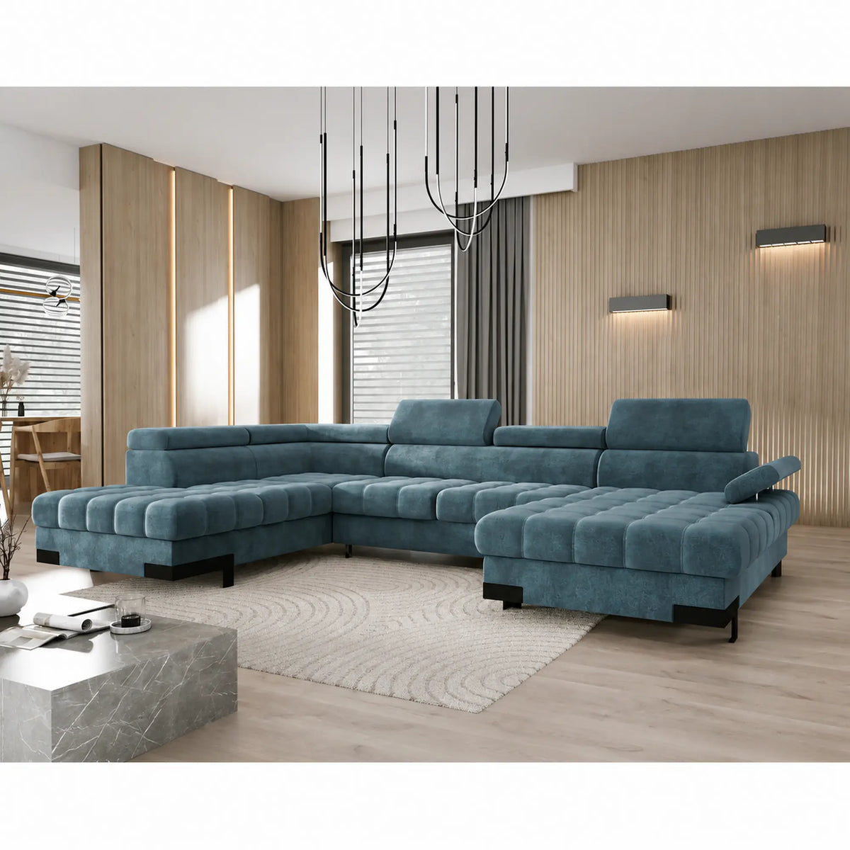Coltar extensibil cu lada SELVA XL, sezlong stanga, stofa catifelata turcoaz inchis - Riviera 87, cu tetiere reglabile, 339x223x95 cm