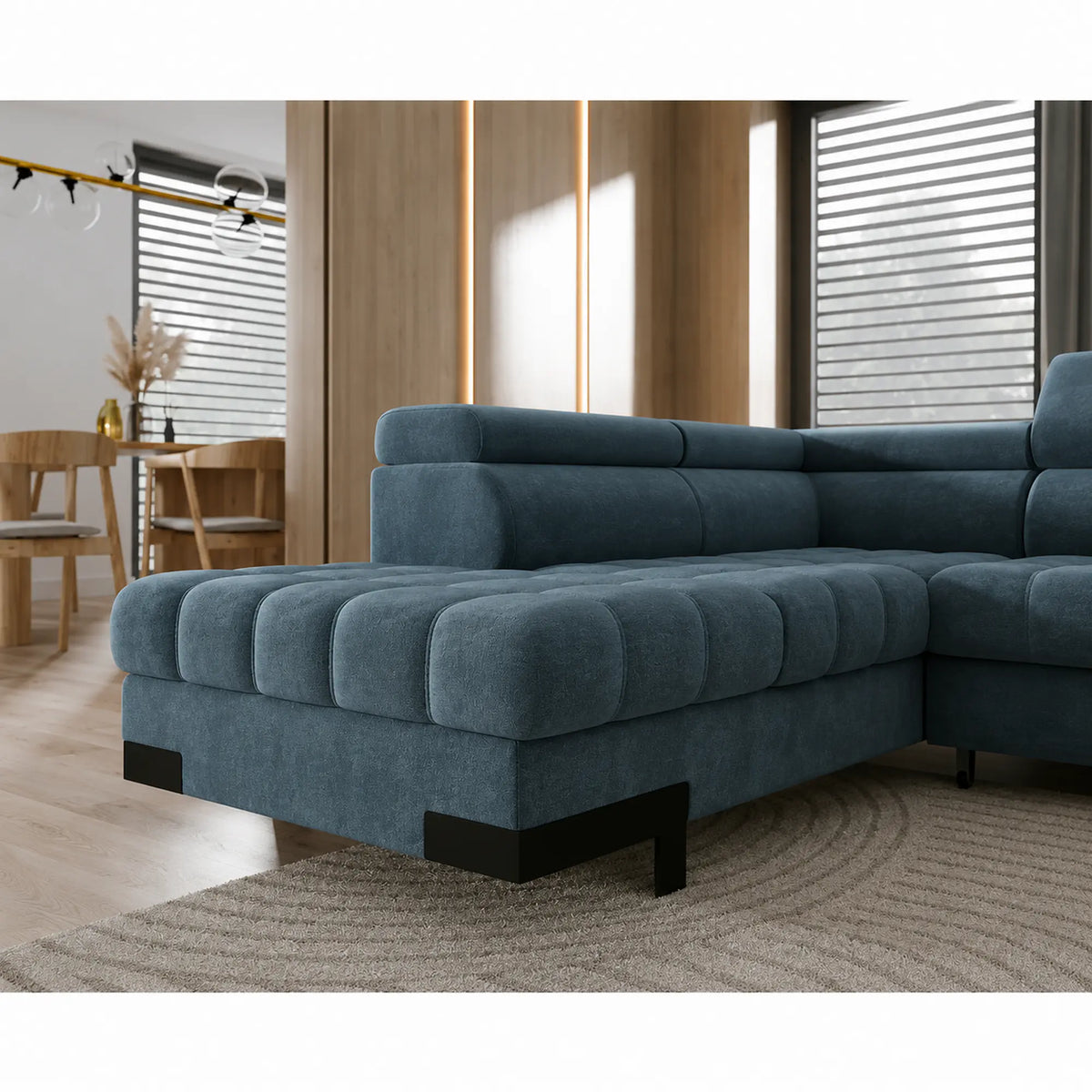 Coltar extensibil cu lada SELVA XL, sezlong stanga, stofa catifelata turcoaz inchis - Riviera 87, cu tetiere reglabile, 339x223x95 cm