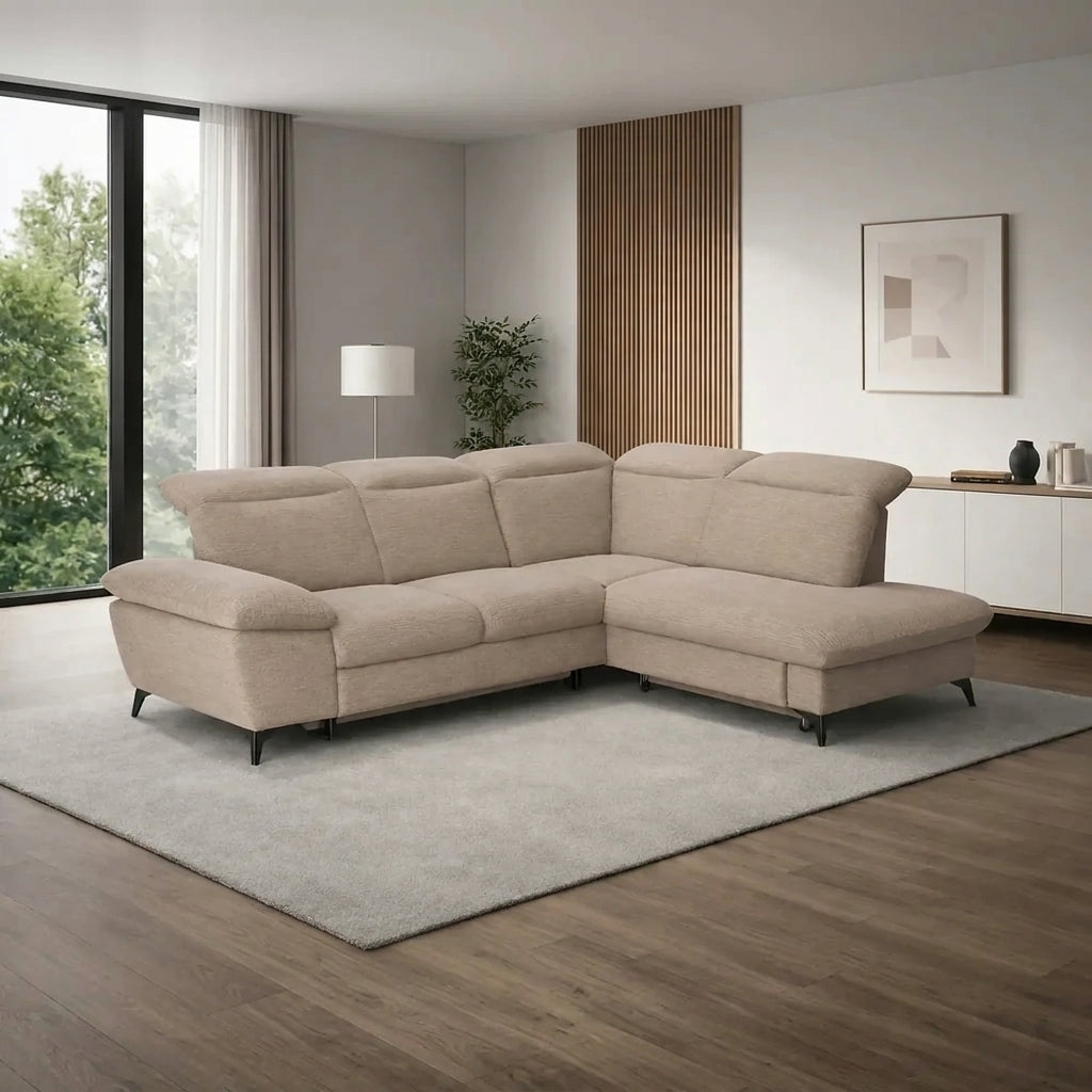 Coltar extensibil modern living LUNA, sezlong dreapta, stofa clasica bej - Campsbay R463, 268x212x101 cm