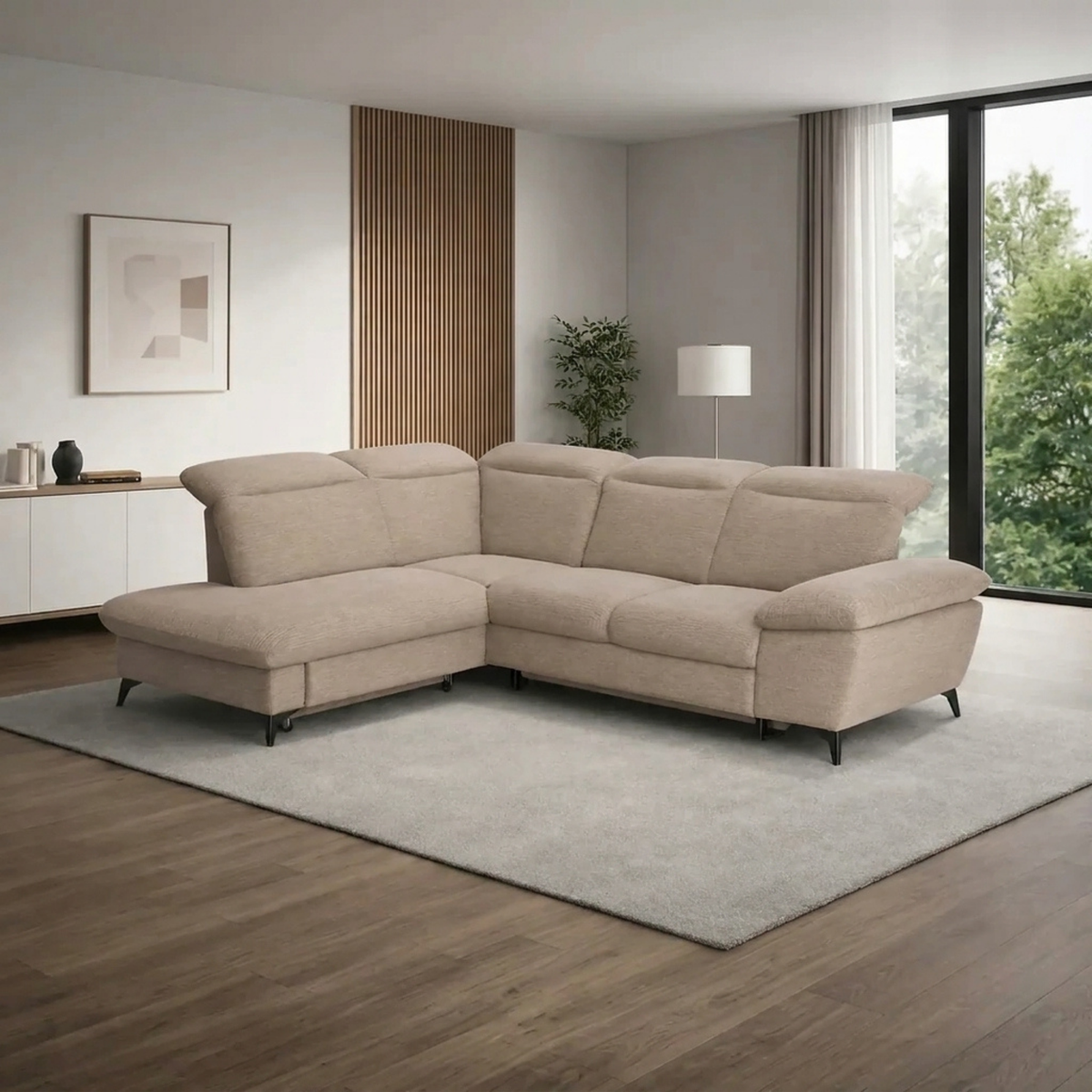 Coltar extensibil modern living LUNA, sezlong stanga, stofa clasica bej - Campsbay R463, 268x212x101 cm