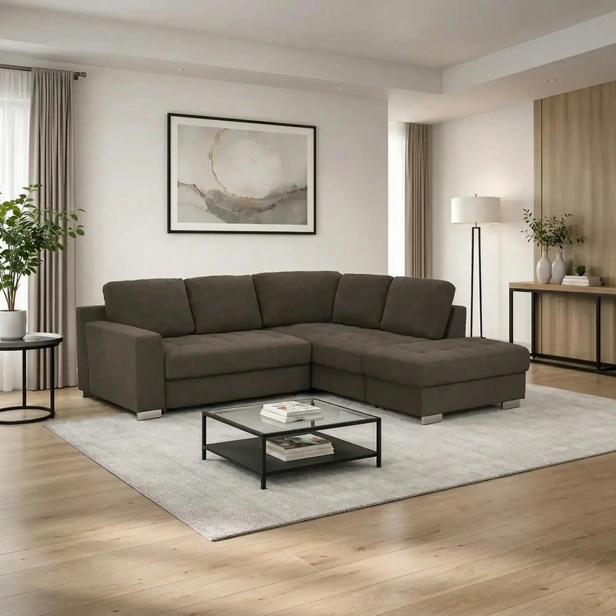 Coltar extensibil modern living ROCA, sezlong dreapta, stofa catifelata maro - Monolith ML20, 262x241x89 cm