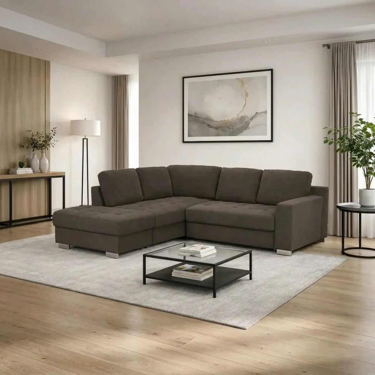 Coltar extensibil modern living ROCA, sezlong stanga, stofa catifelata maro - Monolith ML20, 262x241x89 cm
