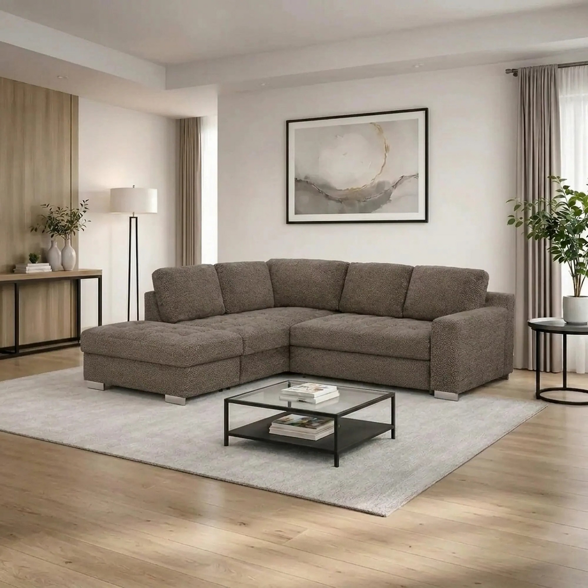 Coltar extensibil modern living ROCA, sezlong stanga, stofa maro - Rimini R071, 262x241x89 cm