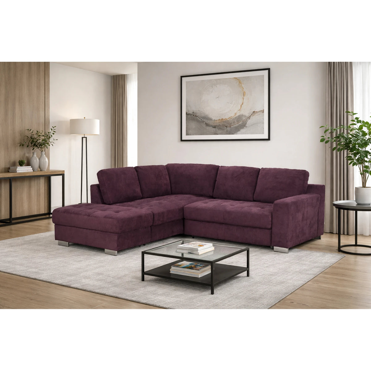 Coltar extensibil modern living ROCA, sezlong stanga, stofa maro - Rimini R071, 262x241x89 cm