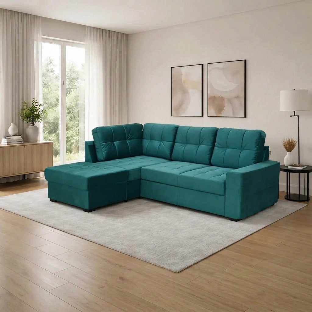 Coltar extensibil pentru living HERA, sezlong stanga, stofa verde - Velvet F613, 240x173x93 cm