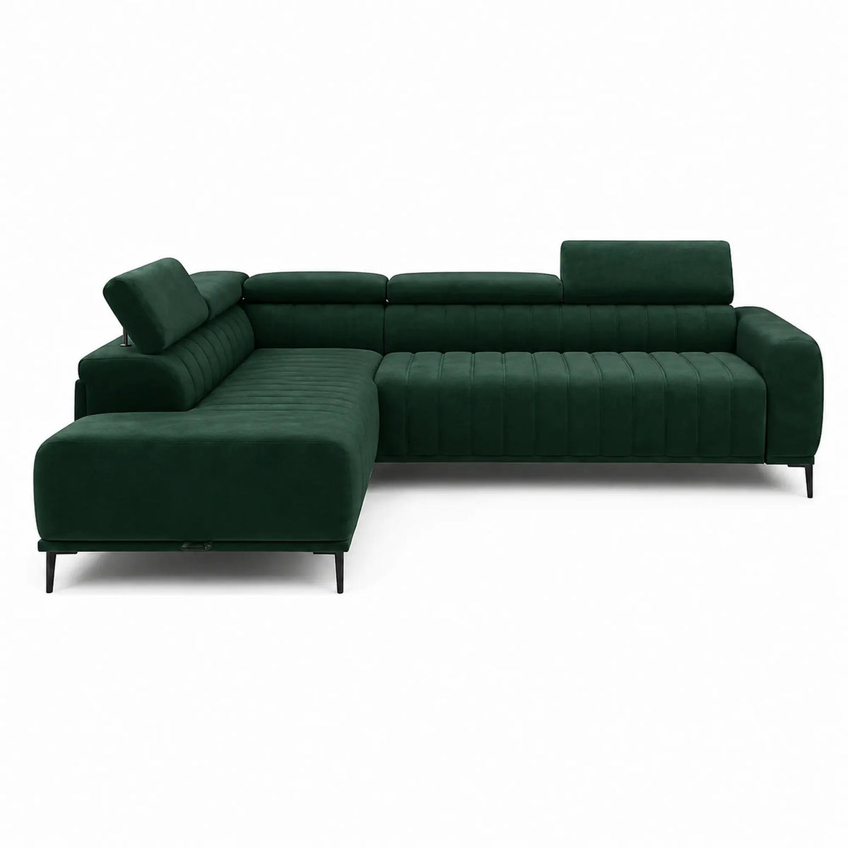 Coltar extensibil stofa catifelata GANDI 120, sezlong stanga, stofa verde - Riviera 38, cu lada depozitare si tetiere reglabile, 261x204x99 cm