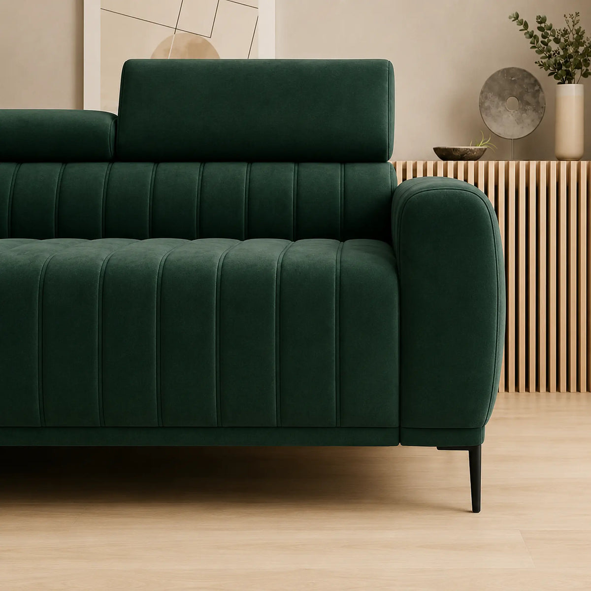 Coltar extensibil stofa catifelata GANDI 120, sezlong stanga, stofa verde - Riviera 38, cu lada depozitare si tetiere reglabile, 261x204x99 cm